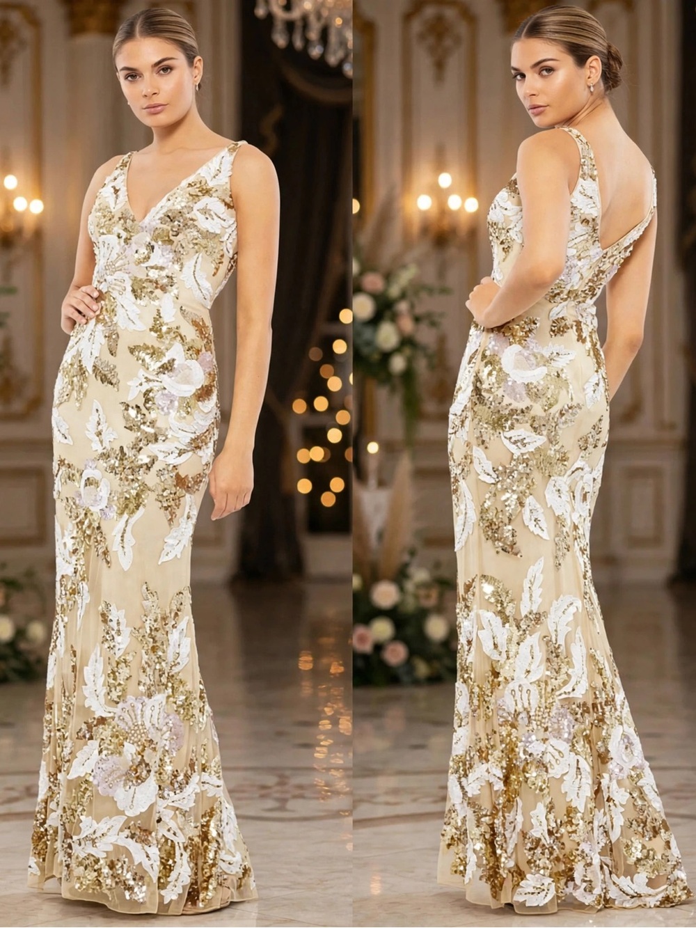 NWT $598 Mac Duggal size 12 v-Neck Sleeveless Floral Embellished  Sequin Gown